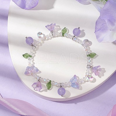 Dyed Natural Malaysia Jade & Glass Beaded Stretch Bracelet with Flower Charms BJEW-JB10176-01-1