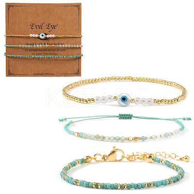 3Pcs 3 Styles Brass & Glass & Natural Green Aventurine Beaded Braclet Set WN5918-2-1