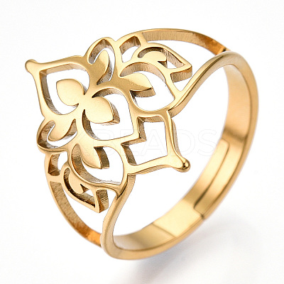 Ion Plating(IP) 304 Stainless Steel Hollow Out Flower Adjustable Ring LS-RJEW-T027-03G-1