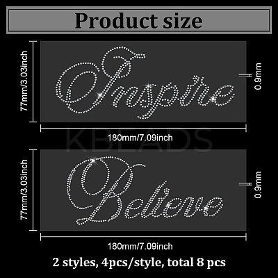8Pcs 2 Style Word Believe & Inspire Glass Hotfix Rhinestone DIY-FG0004-98-1