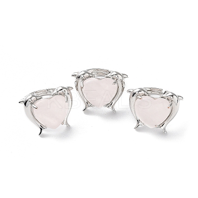 Natural Rose Quartz Dolphin & Heart Adjustable Rings RJEW-K241-02P-01-1