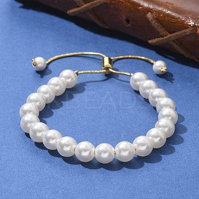 Shell Pearl Beaded Slider Bracelet with Brass Snake Chain X-BJEW-B066-01B-02-1