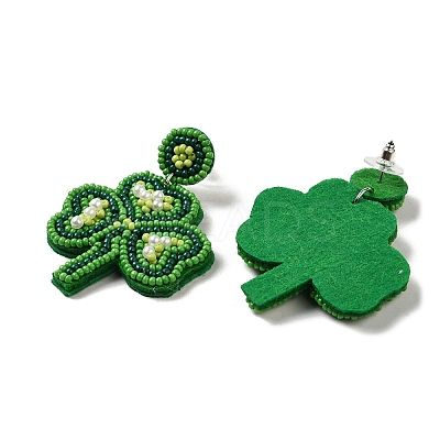 Saint Patrick's Day Glass Seed Beaded Dangle Stud Earrings EJEW-F327-01A-1