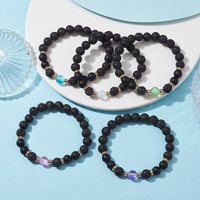 Natural & Synthetic Mixed Gemstone Round Beaded Stretch Bracelet BJEW-JB10009-1