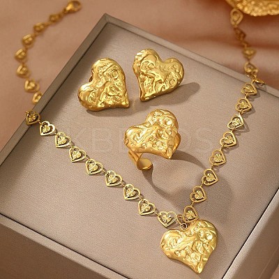Heart 304 Stainless Steel Pendant Necklaces & Stud Earrings & Cuff Ring Sets for Women SJEW-F226-01G-1