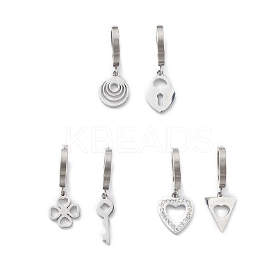 3 Pair 3 Style Crystal Rhinestone Clover & Lock & Key & Triangle & Flat Round & Heart Asymmetrical Earrings EJEW-B020-01P-1