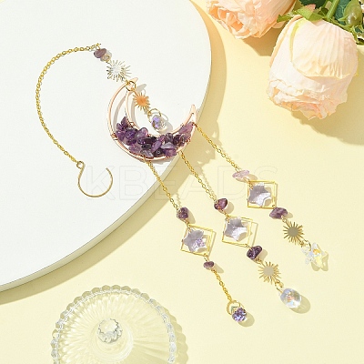 Natural Amethyst Chips Moon Pendant Decorations HJEW-FS00027-05-1
