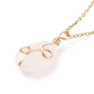 Natural Rose Quartz Teardrop Pendant Necklace NJEW-JN03900-01-1