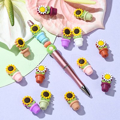 16Pcs 8 Colors Sunflower Flowerpot Food Grade Eco-Friendly Silicone Beads SIL-CJ0001-61-1