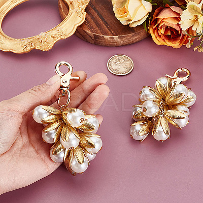Flower Brass & ABS Plastic Imitation Pearl Pendant Decoration HJEW-PH02010-1