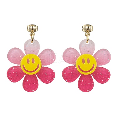 Sunflower with Smiling Acrylic Dangle Stud Earrings EJEW-JE05608-1