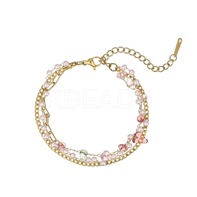 Gemstone Chip with Plastic Pearl Multi-strand Bracelets for Women BJEW-G739-01G-1