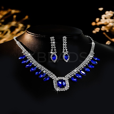 Alloy Rhinestone Rectangle Pendant Necklaces & Horse Eye Stud Earring Sets for Women SJEW-U001-01P-04-1