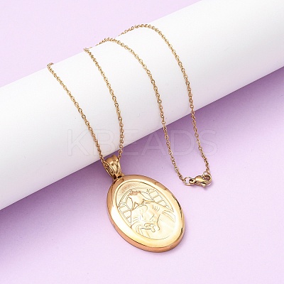 304 Stainless Steel Oval with Virgin Mary Pendant Necklaces for Women NJEW-B149-01G-1