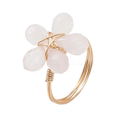 Golden Tone Copper Wire Wrapped Natural Rose Quartz Finger Rings RJEW-JR00981-1