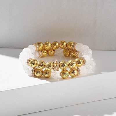 Natural Crackle Quartz & Lava Rock Round Beads Stretch Bracelets Set BJEW-JB07206-1