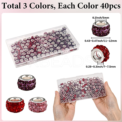 120Pcs 3 Colors Polymer Clay Rhinestone European Large Hole Beads with Silver Color Plated Brass Cores FPDL-LT0001-01B-1