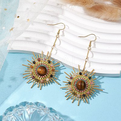 Natural Tourmaline & Tiger Eye Dangle Earrings EJEW-MZ00237-1
