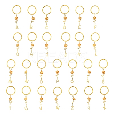 Brass Flower & 201 Stainless Steel Letter A~Z Pendant Keychain KEYC-JKC00801-1