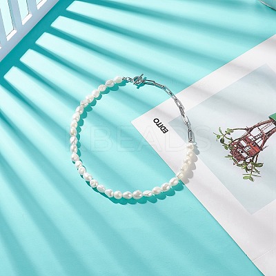Natural Baroque Pearl Beaded Necklace with 304 Stainless Steel Paperclip Chains for Women NJEW-JN04108-1