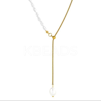 Stainless Steel & Imitation Pearl Beaded Tassel Rice Bead Pendant Y Lariat Necklaces for Women YR7767-1