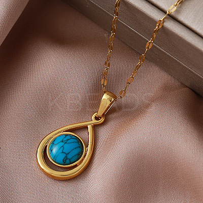 Vintage 304 Stainless Steel & Dyed Synthetic Turquoise Teardrop Pendant Necklaces for Women IA9439-1
