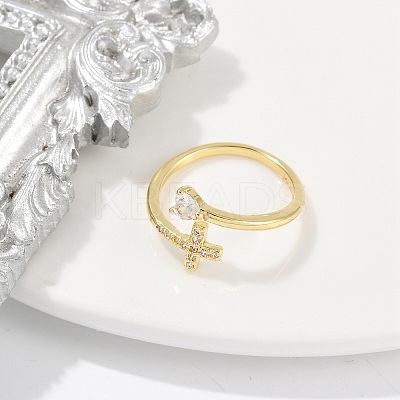 Rack Plating Cross & Heart Brass Micro Pave Cubic Zirconia Cuff Rings for Women RJEW-M028-63G-1