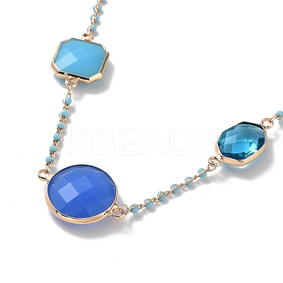 Blue Glass Flat Round Pendant Necklace with Brass Chains NJEW-A015-17KCG-1