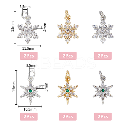 12Pcs 6 Style Rack Plating Brass Micro Pave Cubic Zirconia Pendants KK-FH0006-85-1