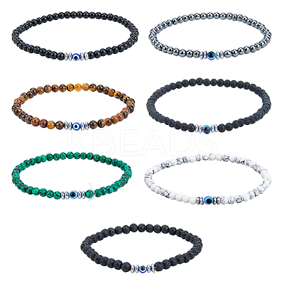 7Pcs 7 Style Natural Mixed Gemstone Round & Plastic Evil Eye Beaded Stretch Bracelets Set NJEW-FI0001-15-1