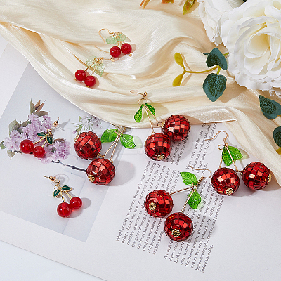 4 Pairs 4 Styles Foam & Glass & Acrylic Cherry Dangle Stud Earrings with Brass Pins EJEW-FI0002-88-1