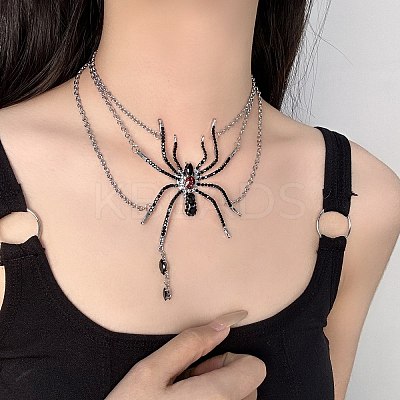 Alloy Jet Rhinestone Halloween Spider Pendant 3 Layer Choker Necklaces for Women LS-NJEW-P336-01P-1
