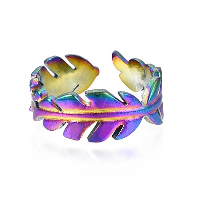 304 Stainless Steel Leaf Wrapped Cuff Ring RJEW-N038-060-1