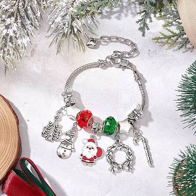 Christmas Theme Glass & Alloy European Beads Bracelets for Women BJEW-JB11198-02-1