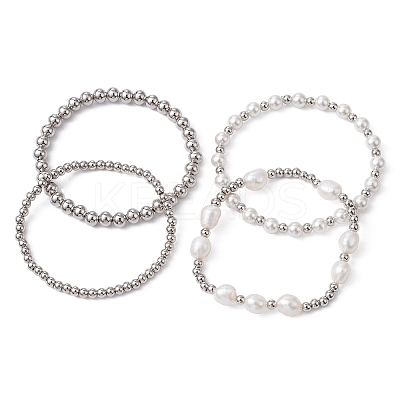 4Pcs 4 Style Natural Pearl & Brass Beaded Stretch Bracelets Set for Women BJEW-JB09662-02-1