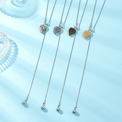 Natural Grey Agate & Topaz Jade & Tiger Eye & Dalmatian Jasper Heart with Synthetic Non-magnetic Hematite Beads Pendant 304 Stainless Steel Snake Chain Lariat Necklaces NJEW-JN05897-1