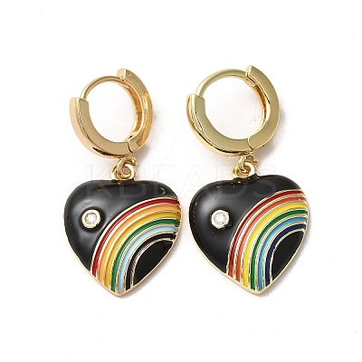 Heart with Rainbow Real 18K Gold Plated Brass Dangle Hoop Earrings EJEW-L268-042G-02-1