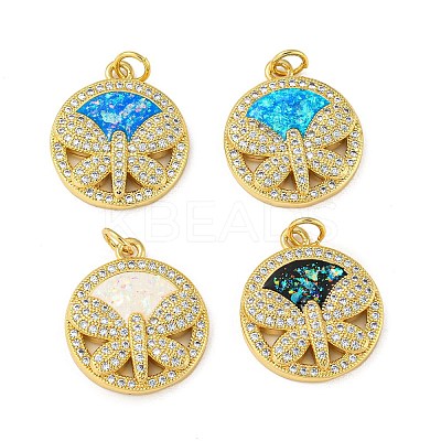Flat Round with Dragonfly Brass Pendants Micro Pave Cubic Zirconia with Synthetic Opal KK-K356-06G-1