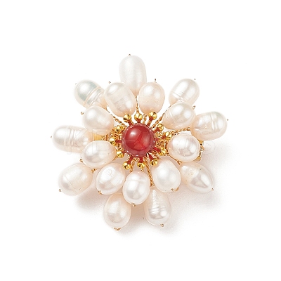 Natural Carnelian & Pearl Braided Bead Flower Lapel Pin JEWB-TA00006-02-1