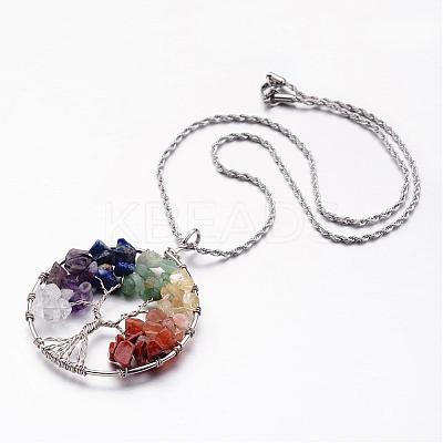 Tree of Life Mixed Stone Big Pendants Necklaces NJEW-JN01684-1