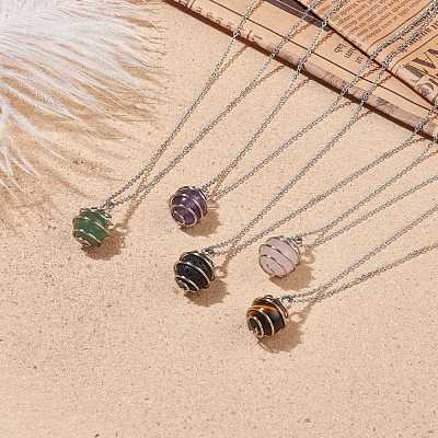 Natural Gemstone Cage Pendant Necklace with 304 Stainless Steel Cable Chains for Women NJEW-JN03905-01-1