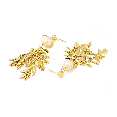 ABS Pearl with Leafy Branch Dangle Stud Earrings EJEW-E270-13G-1
