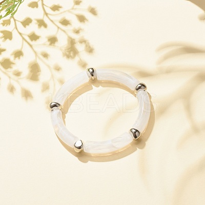White Acrylic Curved Tube Chunky Stretch Bracelet with CCB Plastic for Women BJEW-JB08126-01-1