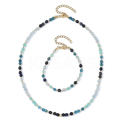 Natural White Jade & Amazonite & Apatite & Lapis Lazuli Round Beaded Necklaces and Bracelet Set SJEW-JS01382-1