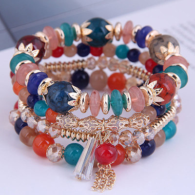4Pcs 4 Styles Bohemian Style Alloy Glass Round Beaded Stretch Bracelets FS-WG80D8B-06-1