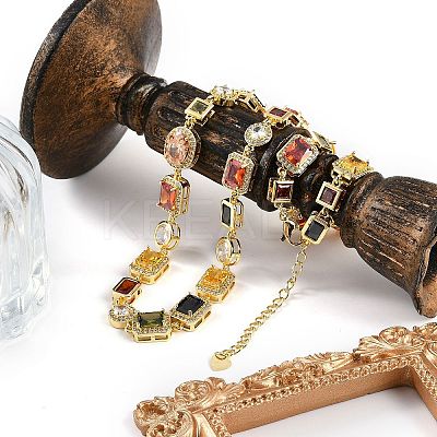 Brass Colorful Cubic Zirconia Cup Chain Oval & Rectangle Necklaces for Women NJEW-M079-05G-1