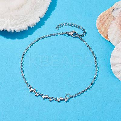 Tarnish Resistant 304 Stainless Steel Dolphin Link Anklets with Cable Chains AJEW-AN00569-1