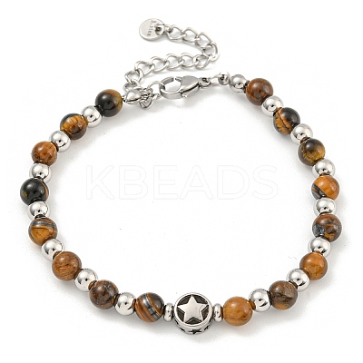 304 Stainless Steel & Natural Tiger Eye Round Beaded Bracelets for Women BJEW-G717-13-1