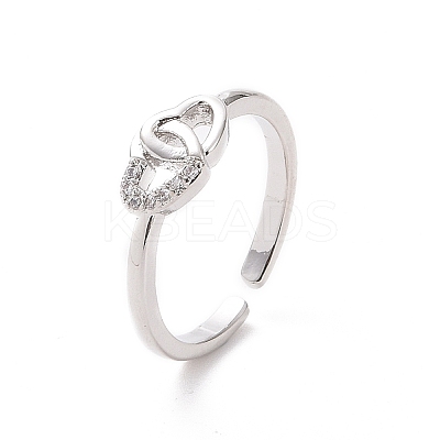 Clear Cubic Zirconia Interlocking Heart Open Cuff Ring RJEW-H127-08P-1