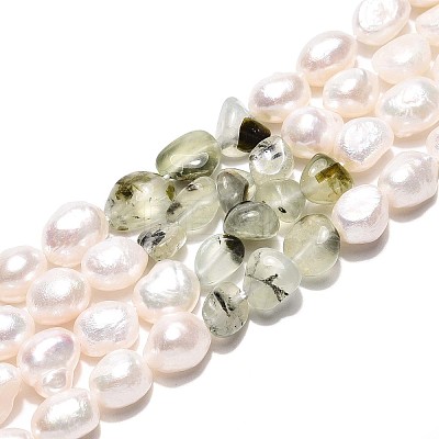 Natural Prehnite Nuggets & Natural Cultured Freshwater Pearl Beads Strands PEAR-N023-01A-10-1